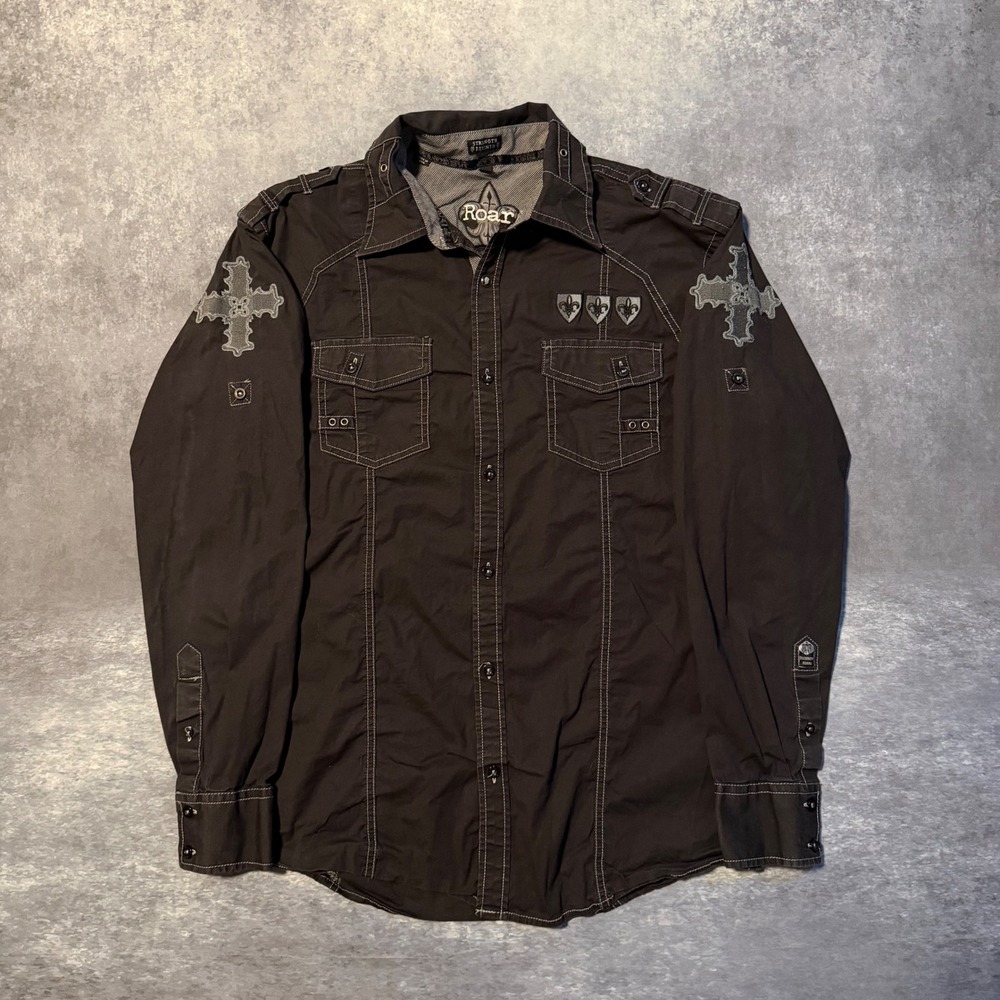 Roar Mens Black Embroidered Button Down Shirt L Y2K MMA Wings Crest Cross Helmet